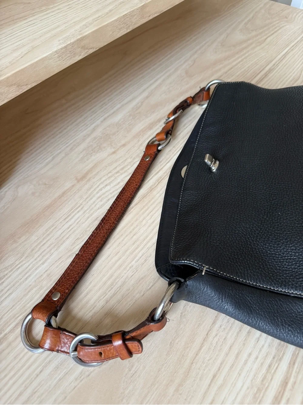 Coach Black Pebbled Leather Shoulder Bag with Brown Strap Accents